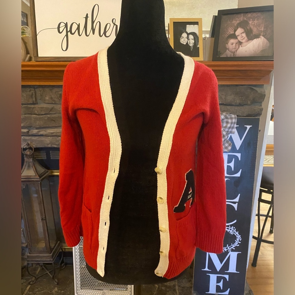 Abercrombie & Fitch Red V-Neck Varsity Cardigan Sweater Y2K - Picture 7 of 10
